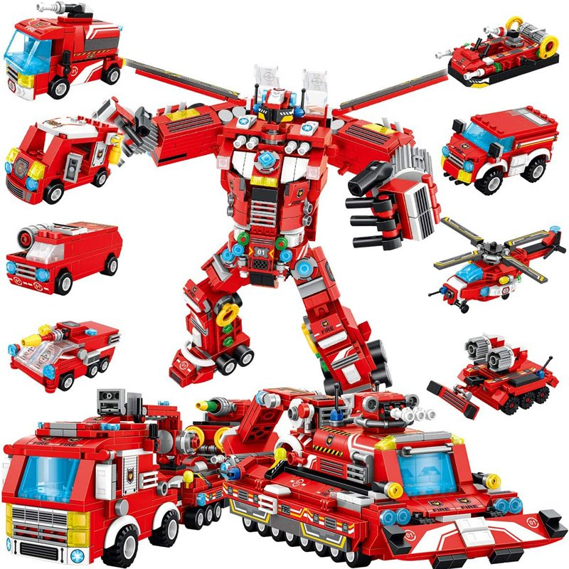 836 PCS Robot Building Kit 8-in-1 Kids Model Engineering Construction Vehicle Building Blocks Sets Stem Learning Fire Truck Toy