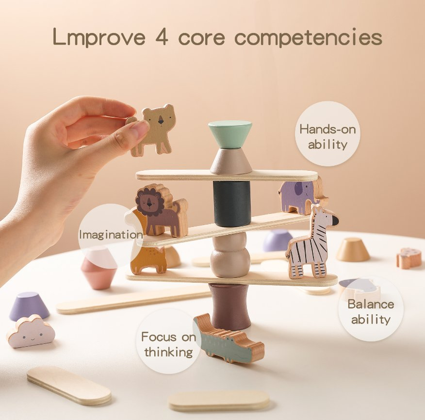 Funny Zoo Stack Smooth Wood Blocks Kids Focus Hand-Eye Coordination Wooden Toys