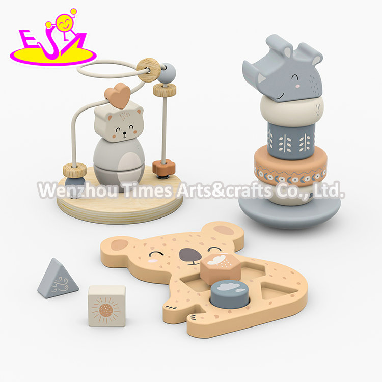 Wooden Baby Activity Center with Bear Bead Maze, Rhino Stacking Toy, and Koala Shape Sorter for Early Skill Development W12f230