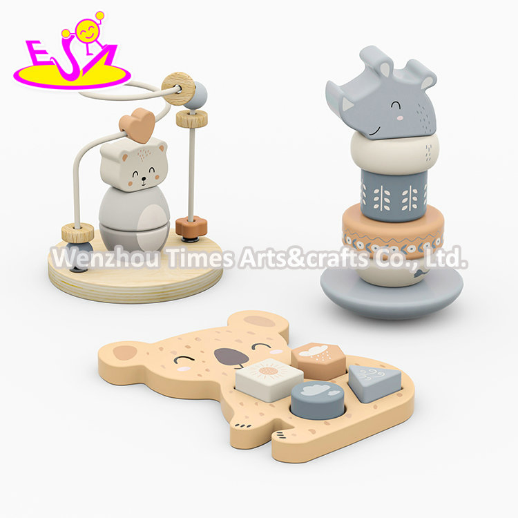 Wooden Baby Activity Center with Bear Bead Maze, Rhino Stacking Toy, and Koala Shape Sorter for Early Skill Development W12f230