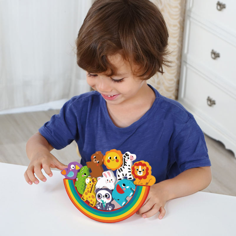 Wooden Montessori 2 in 1 Animals Balance Game Puzzle Building Block Shapes Matching Toys for Kids