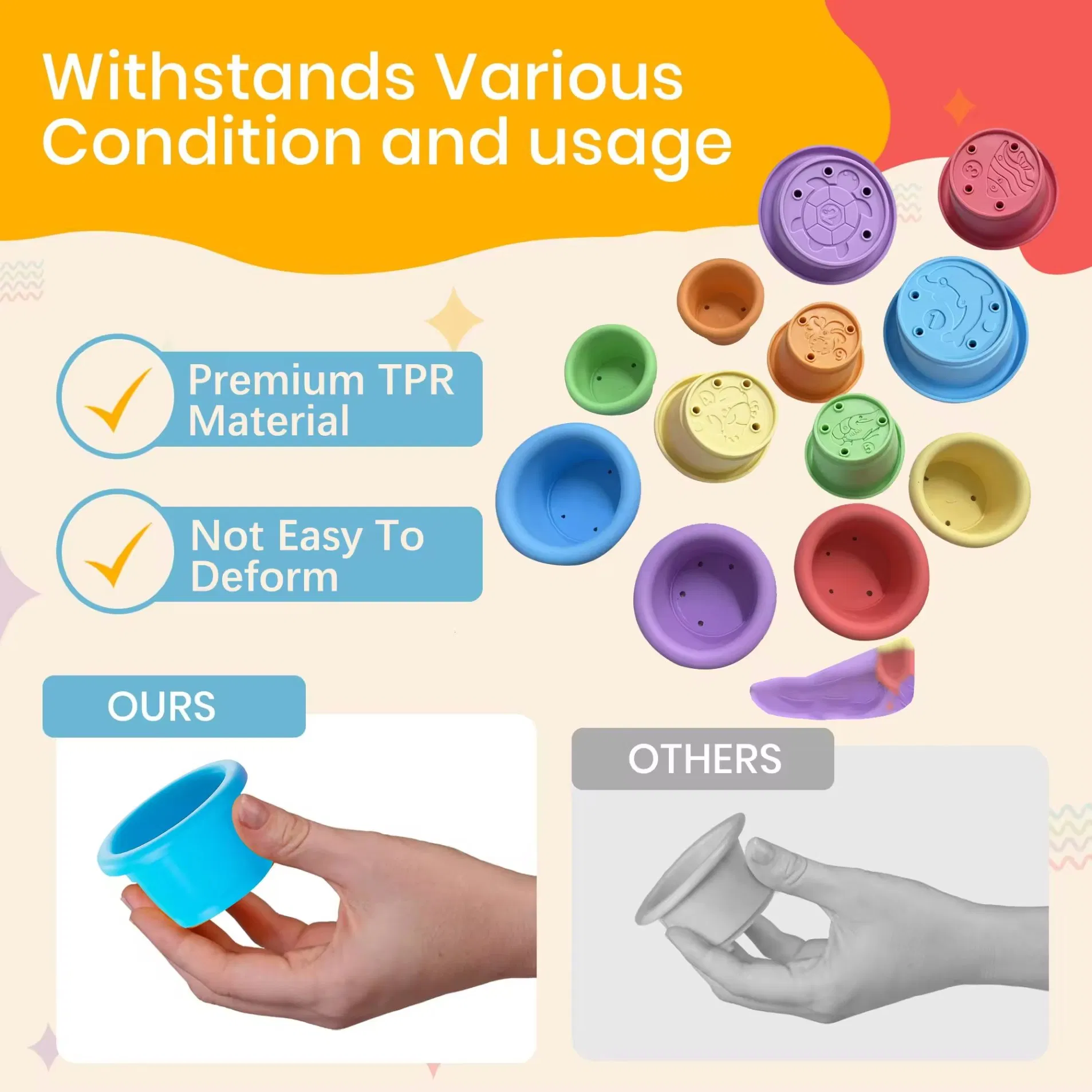 Eco-Friendly Soft TPR Baby Stacking Nesting Cups Toy Montessori Toys for Toddlers 6+ Months