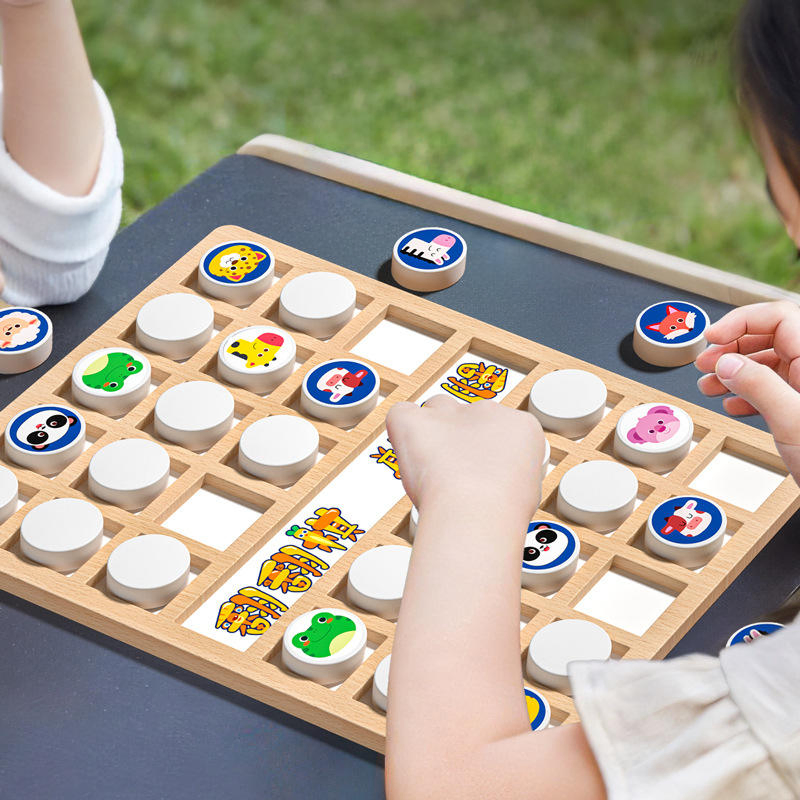 Zhiqu Unisex Wooden Animal Flip Chess Set Early Education Board Game for 5-7 Years Logical Thinking Mindset &Memory Toy