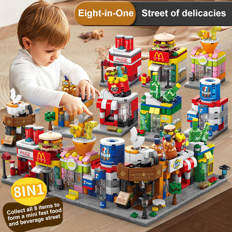 OEM ODM Customiz Toys Kids 8 in 1 3D Building Block Sets Mini City Street View Building Blocks Sets