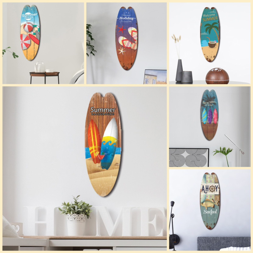 Factory Wholesale Custom Rustic Vintage Retro Summer Beach Ocean Theme Leisure Decor Surfboard Wooden Sign Wall Decor Art for Bars, Home Wood Craft Decoration