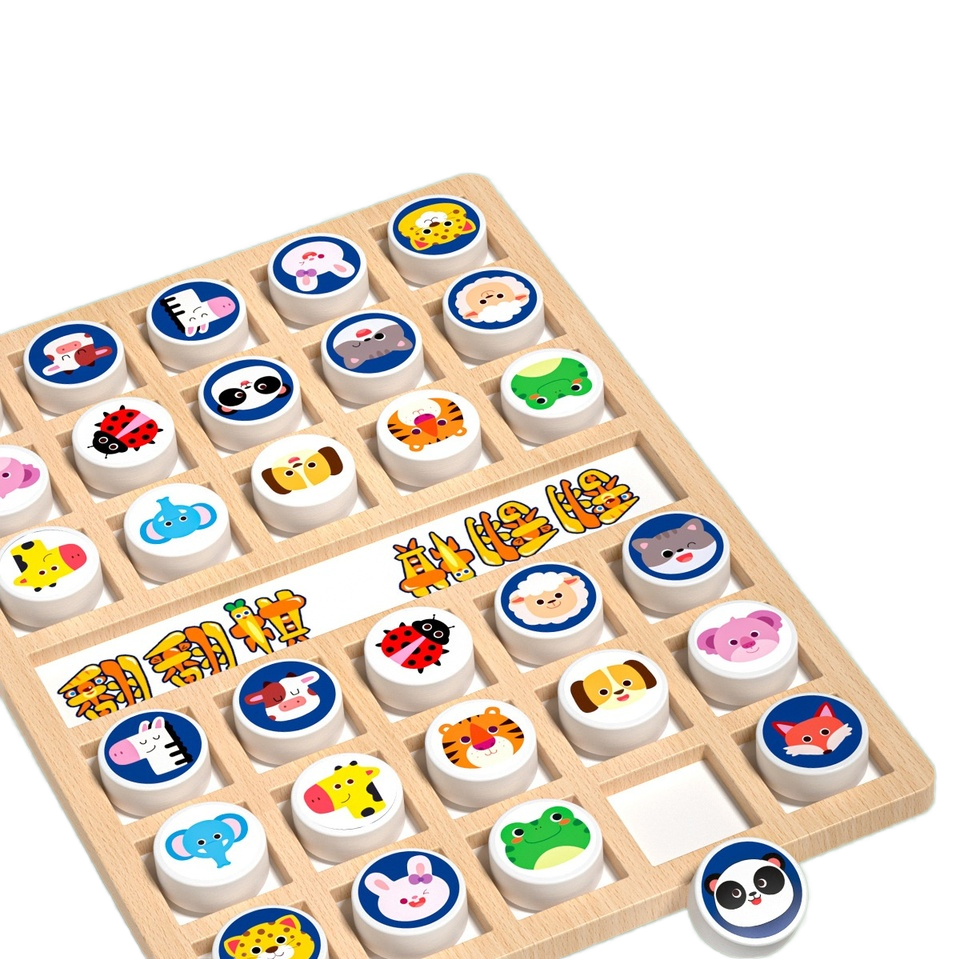 Zhiqu Unisex Wooden Animal Flip Chess Set Early Education Board Game for 5-7 Years Logical Thinking Mindset &Memory Toy