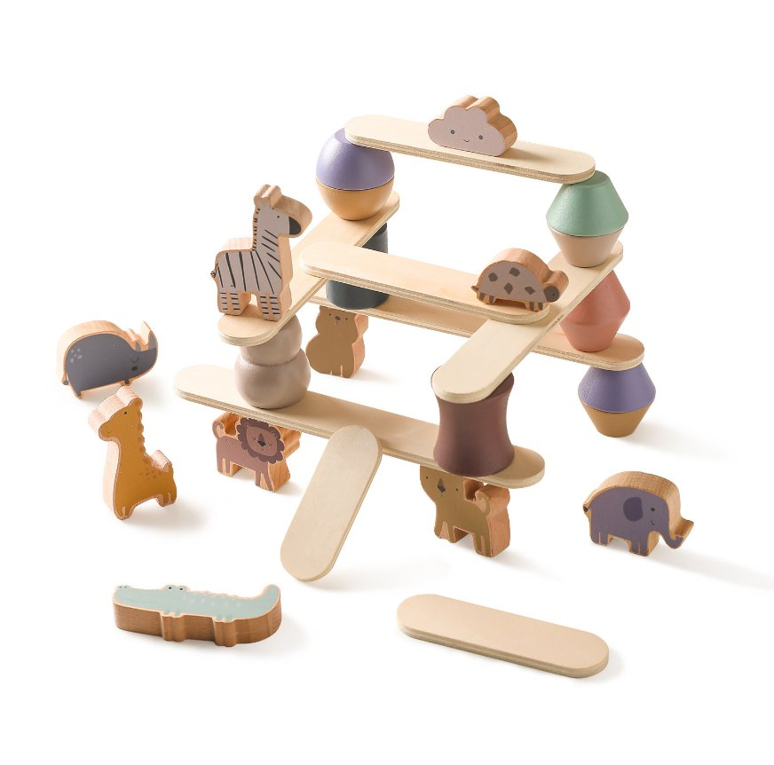 Funny Zoo Stack Smooth Wood Blocks Kids Focus Hand-Eye Coordination Wooden Toys