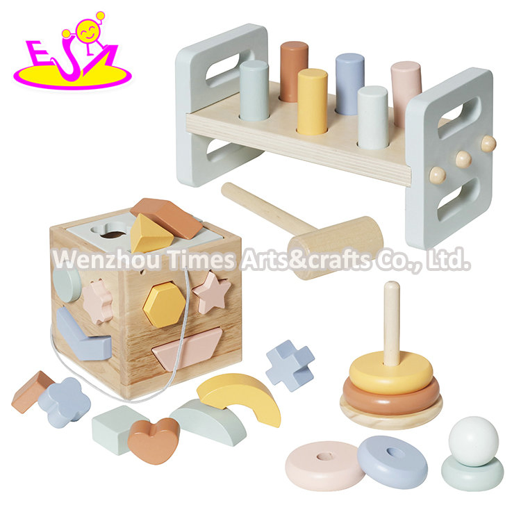 All-in-One Wooden Learning Toy Developmental Hammering Bench, Shape Sorter, and Colorful Stacking Rings W12D757