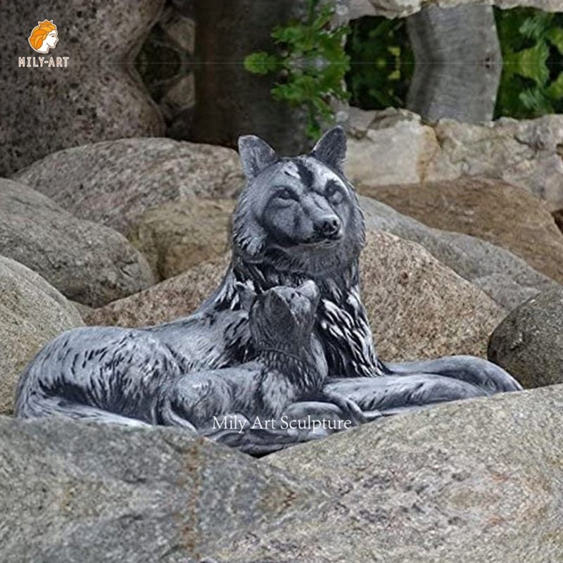 Large Vivid Animal Statue Metal Brass Two Life Size Bronze Wolf Dog Sculpture Art