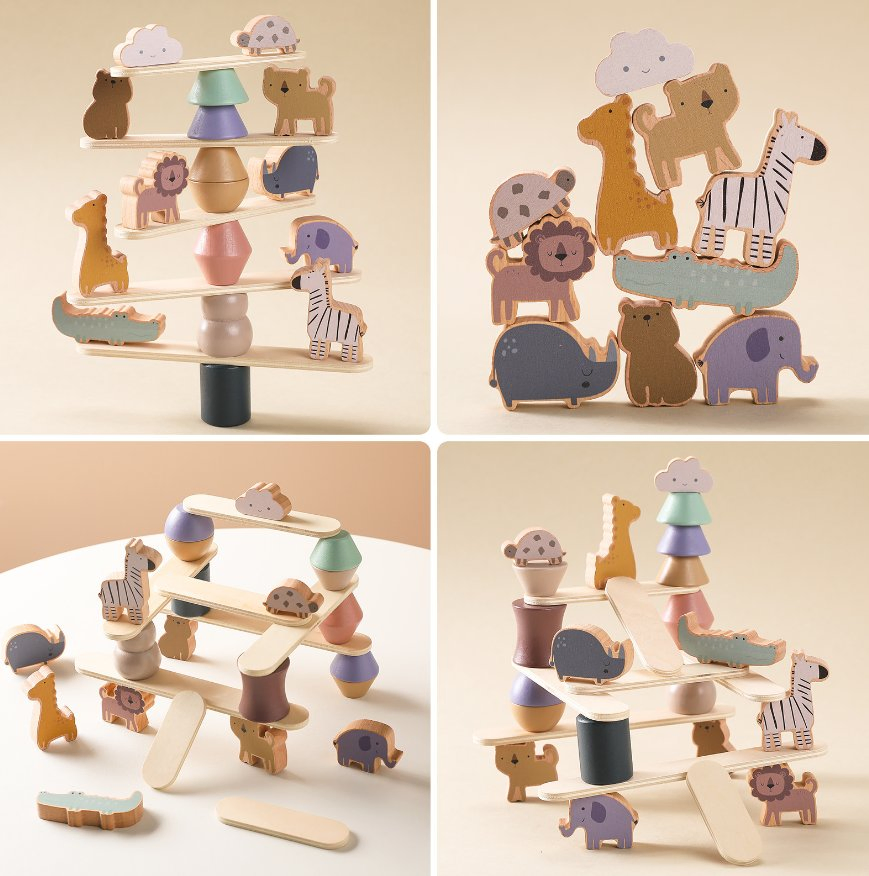 Funny Zoo Stack Smooth Wood Blocks Kids Focus Hand-Eye Coordination Wooden Toys
