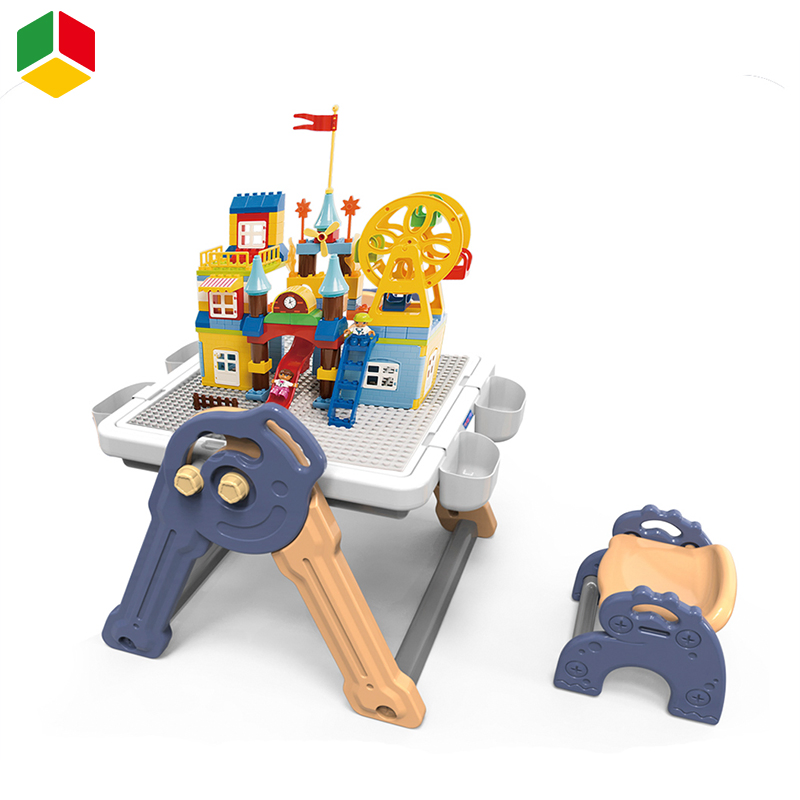 QS Children′ S Early Education Funny Block Table Chair Set Kids DIY Block Toys Multifunction Fold Painting Study Building Block Table Baby Learning Toys