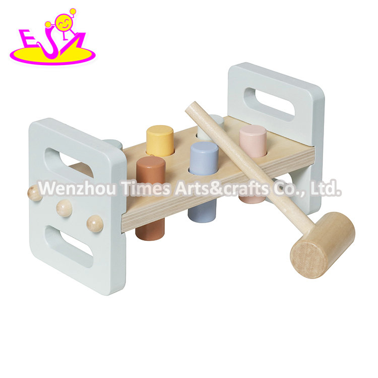 All-in-One Wooden Learning Toy Developmental Hammering Bench, Shape Sorter, and Colorful Stacking Rings W12D757