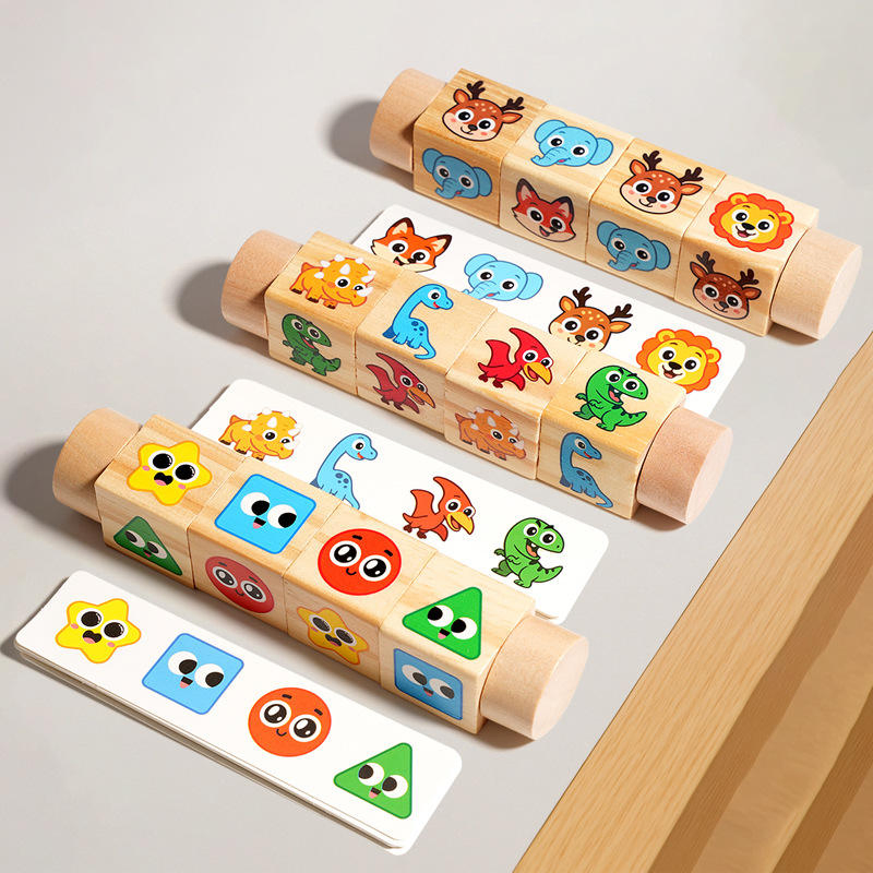 Montessori Educational Toys for Children: Wooden Rotating Cube Shape Matching Game, Hand-Eye Coordination Wooden Block Toys
