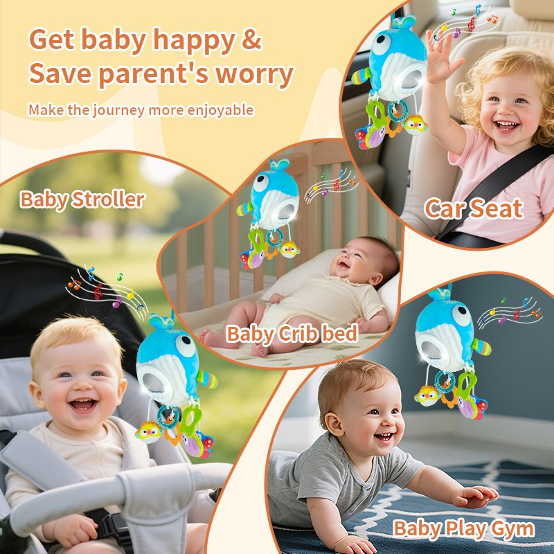 AiJH Plush Elephant Baby Musical Crib Toy with Hanging Rattles Soothing Soft Stuffed Animal Toy Sensory Montessori Baby Activity Toy