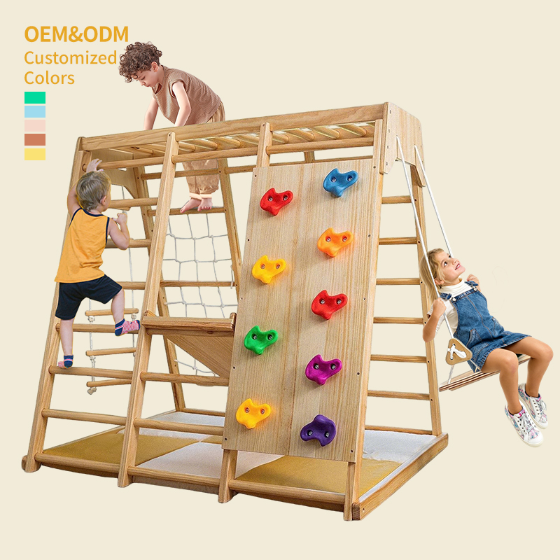 IndoorJungle Gym 6-in-1 Montessori Wooden Waldorf Climbing Frame For Kids Toddlers With Rope Ladder Swing Baby Slide