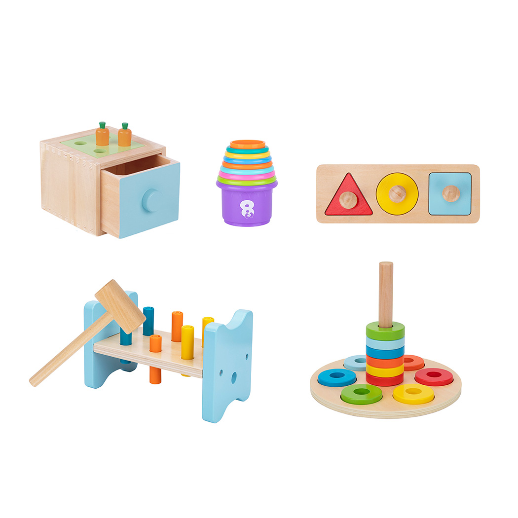 Wooden Montessori 13-18 Months Educational Box Toy Set Shape Puzzle Stacking Toy Building Blocks Tower Pound Bench Toy Box