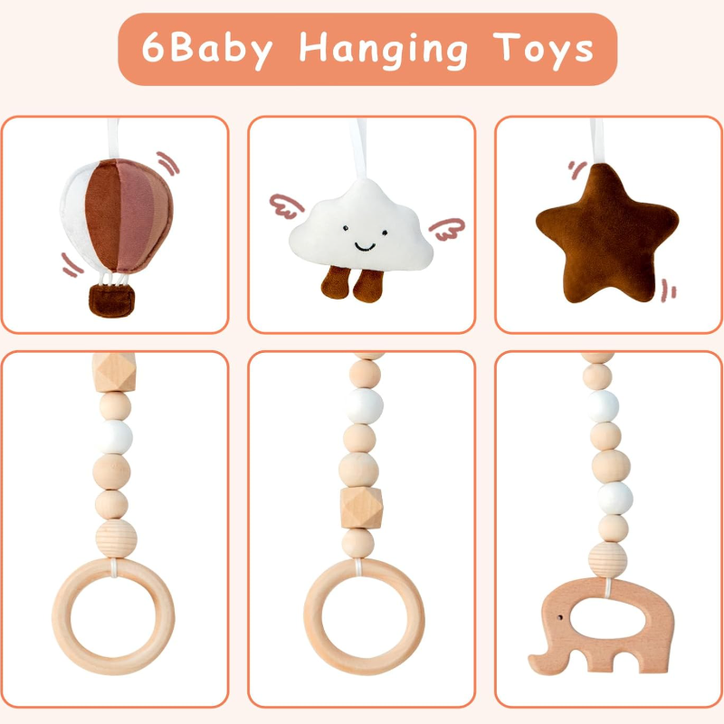Newborn Shower Gift Soft Montessori Wooden Baby Play Gym Foldable with 6 Hanging Sensory Toys