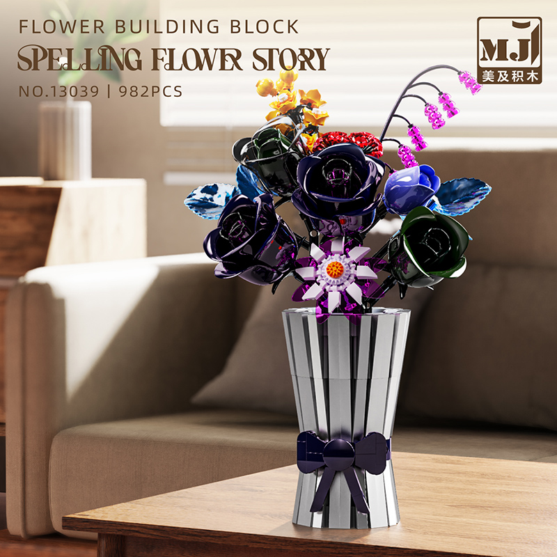 13039 Creative Spelling Art Flower Vase Rose Decoration Model Small Parts Assembly Building Block Set Toy Children Gift