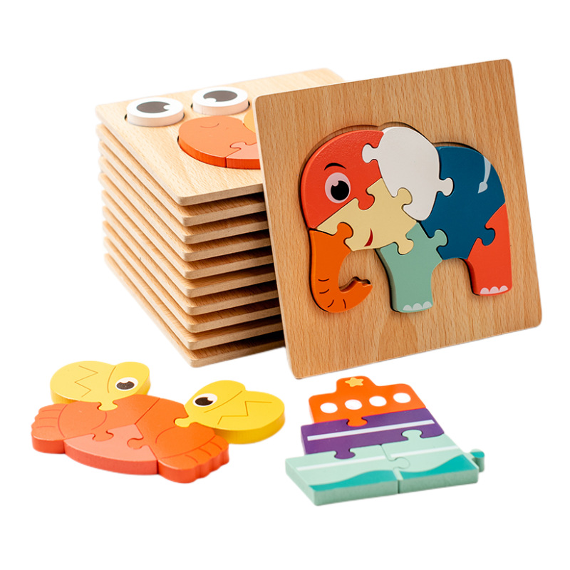 Montessori Children Wooden Diy 3D Cartoon Animal Puzzle Board Early Educational Geometry Pegged Puzzles Toy For Kids Boys Girls