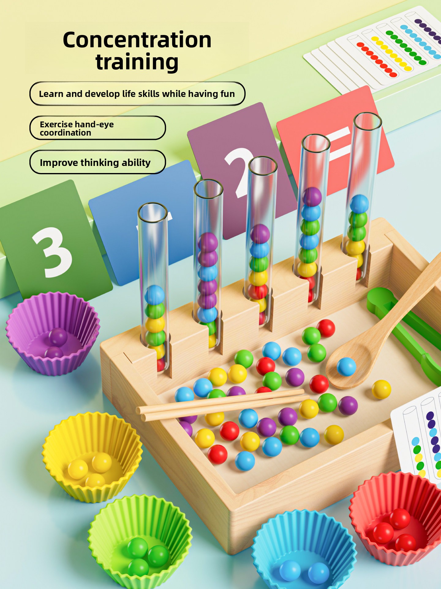 Wooden Toddler Educational Toy with Colorful Balls Tweezers Spoon Matching Cards Preschool Activity Early Learning DIY