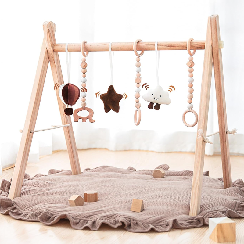 Newborn Shower Gift Soft Montessori Wooden Baby Play Gym Foldable with 6 Hanging Sensory Toys