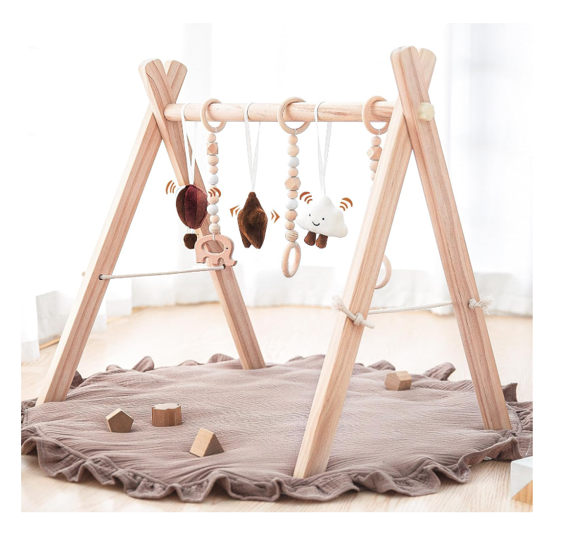 Newborn Shower Gift Soft Montessori Wooden Baby Play Gym Foldable with 6 Hanging Sensory Toys