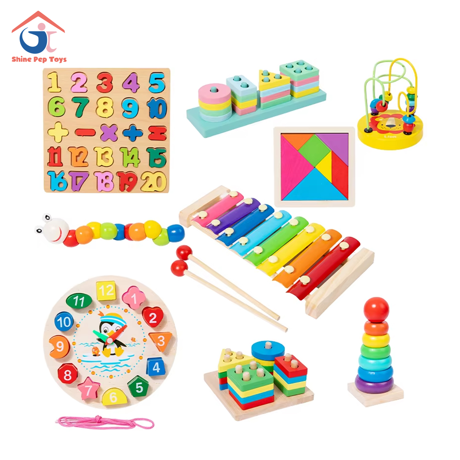 Shine Pep Montessori Early Education Children's Wooden Xylophone Toy and Shaped Cognitive Board Puzzle Set of 11 Types Color Box