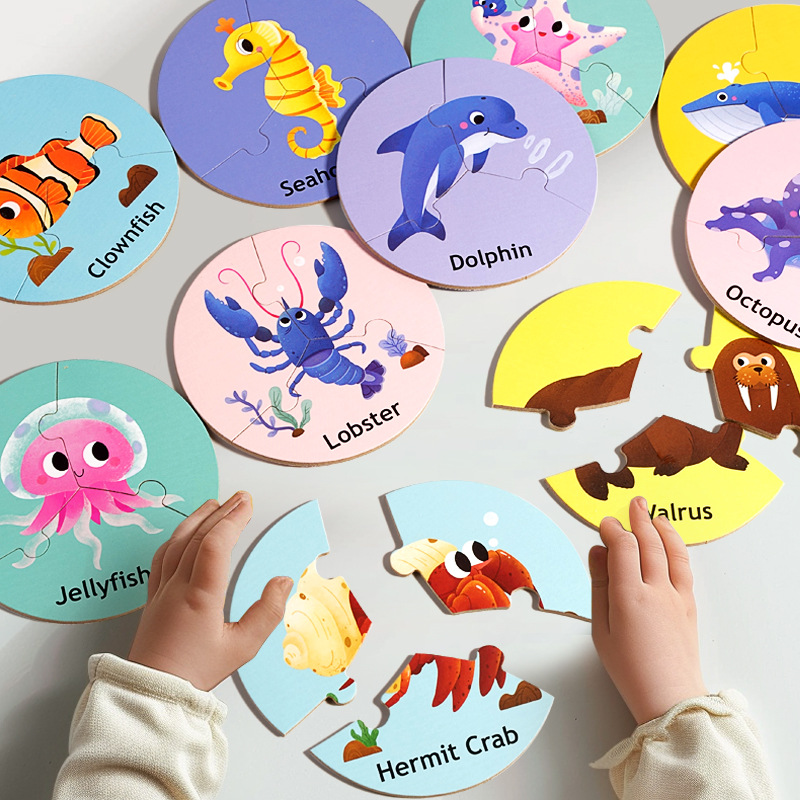 Children Educational Wooden Puzzle Toy 36pcs Forest Marine Animal Cognitive Wooden Circular Puzzle Game Kids Wooden Toys