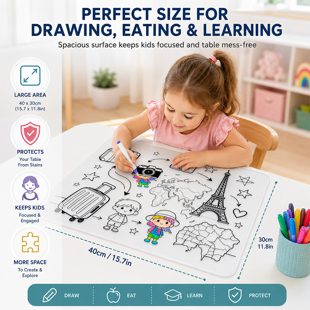 LFGB Certified Eco-Friendly BPA-Free Custom Silicone Baby Drawing Mark Mat Kid Coloring Painting Placemat