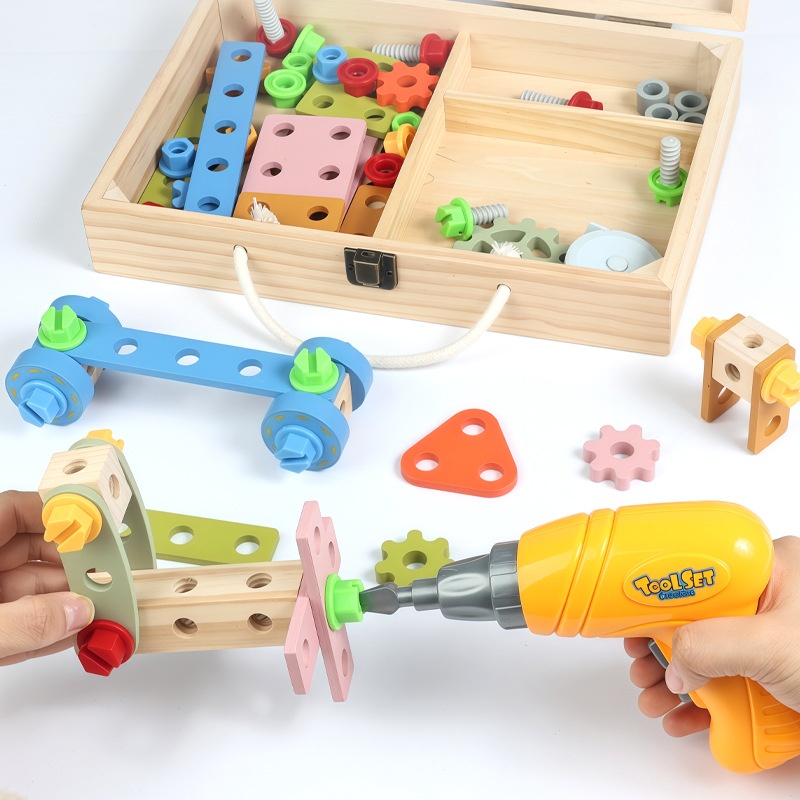 Montessori Wooden Repair Toolbox STEM Kids Toys With Pretend Assembly Screws Nuts Role Play Construction Set With Electric Drill