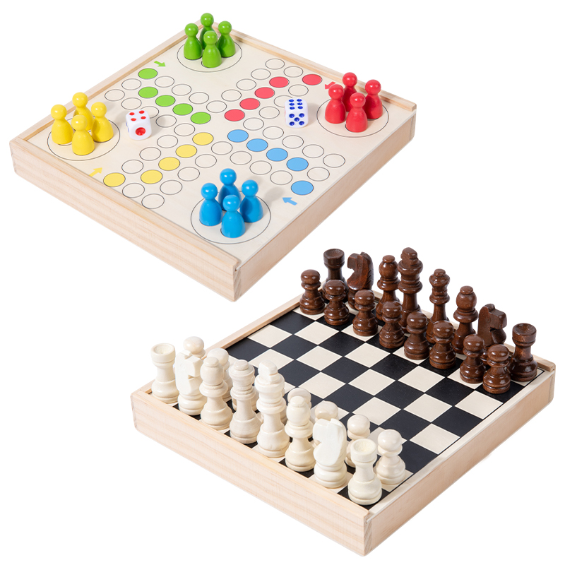 Montessori Multi-Function 2-in-1 Wood Puzzle Chess Family Interactive Board Games Educational Toys For Kids Boys Girls Gifts