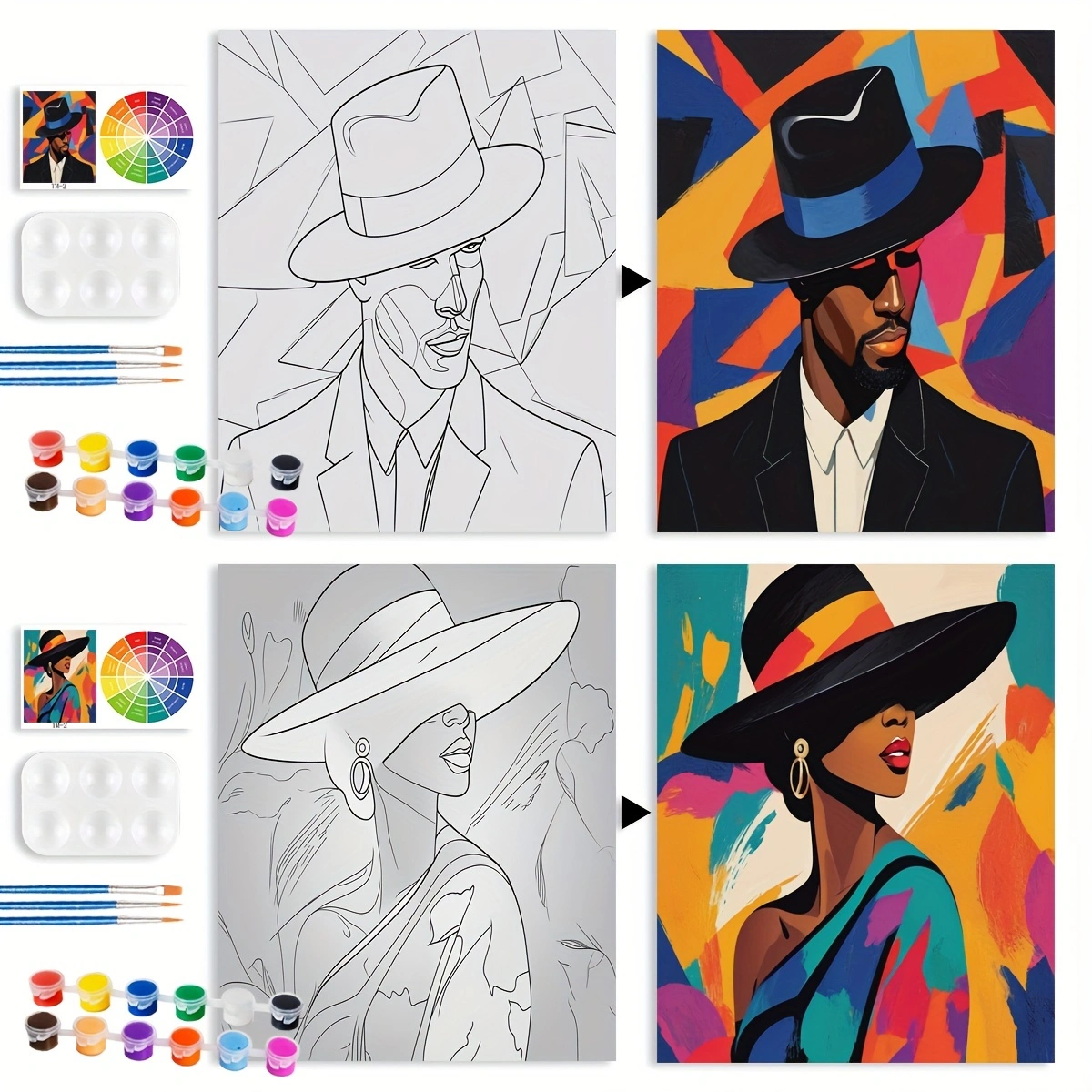 2pcs Adult-Friendly DIY Painting Kit Framed Pre-Drawn Canvases With Colorful Paint And Sip Cartoon Style Fun Party Kits