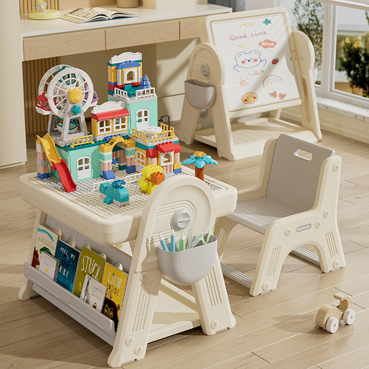 6 In 1 Kids Activity Table Chair Set Baby Study Tables Folding Bookshelves Drawing Board Toddler Building Blocks Table