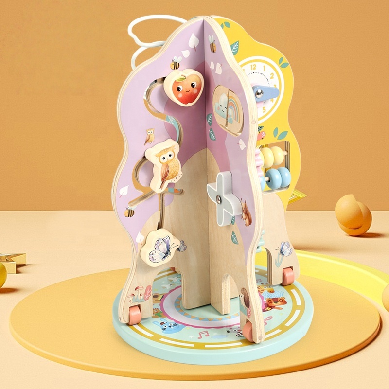 Wooden Activity Tree Toys For Toddlers, Montessori Educational Activity Center With Bead Maze, Gears, Clock, And Sliding Mazes
