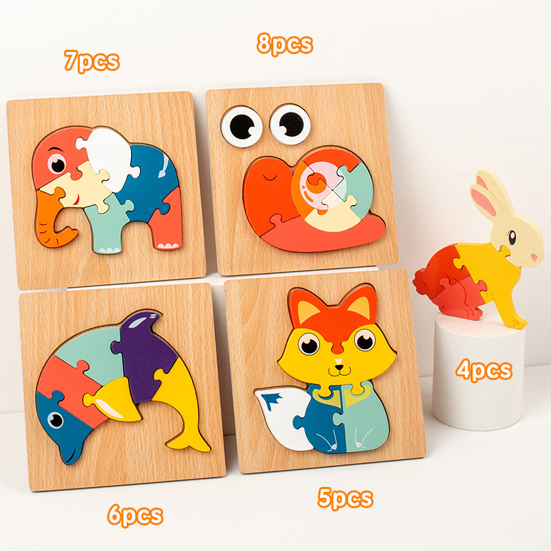 Montessori Children Wooden Diy 3D Cartoon Animal Puzzle Board Early Educational Geometry Pegged Puzzles Toy For Kids Boys Girls