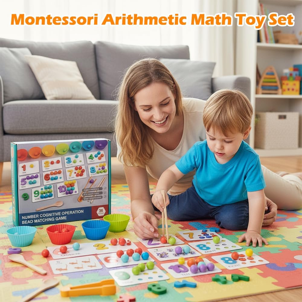 Montessori Wooden Math Toy Set for Toddler 2-5 Years Unisex Number Cognitive Clip Bead Matching Game Perfect Birthday Gift
