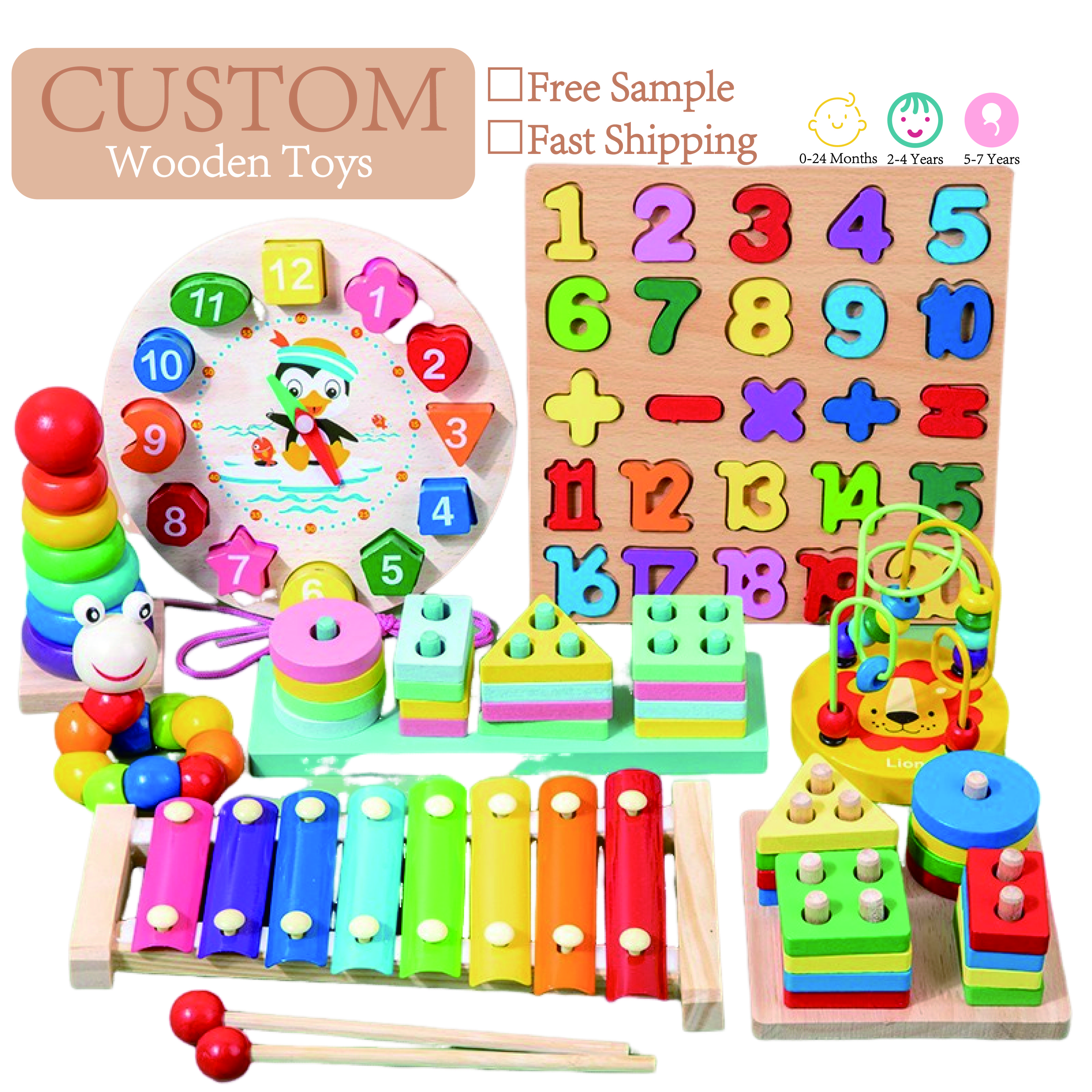 Montessori Early Education Children's Wooden Xylophone Toy and Shaped Cognitive Board Puzzle Set of 11 Types