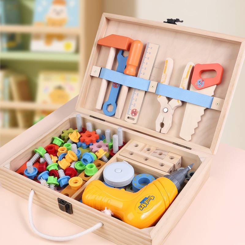 Montessori Wooden Repair Toolbox STEM Kids Toys With Pretend Assembly Screws Nuts Role Play Construction Set With Electric Drill