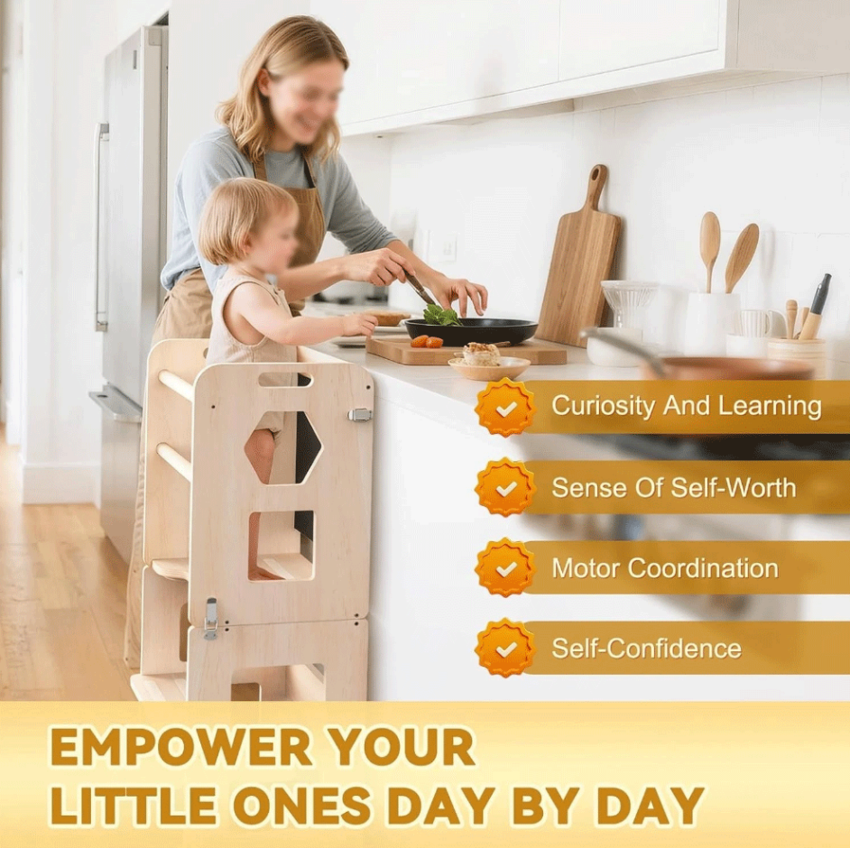 Montessori Toddler Tower Kitchen Stool Helper Foldable Weaning Table Safety Rail Chalkboard Backrest Wooden Standing Tower