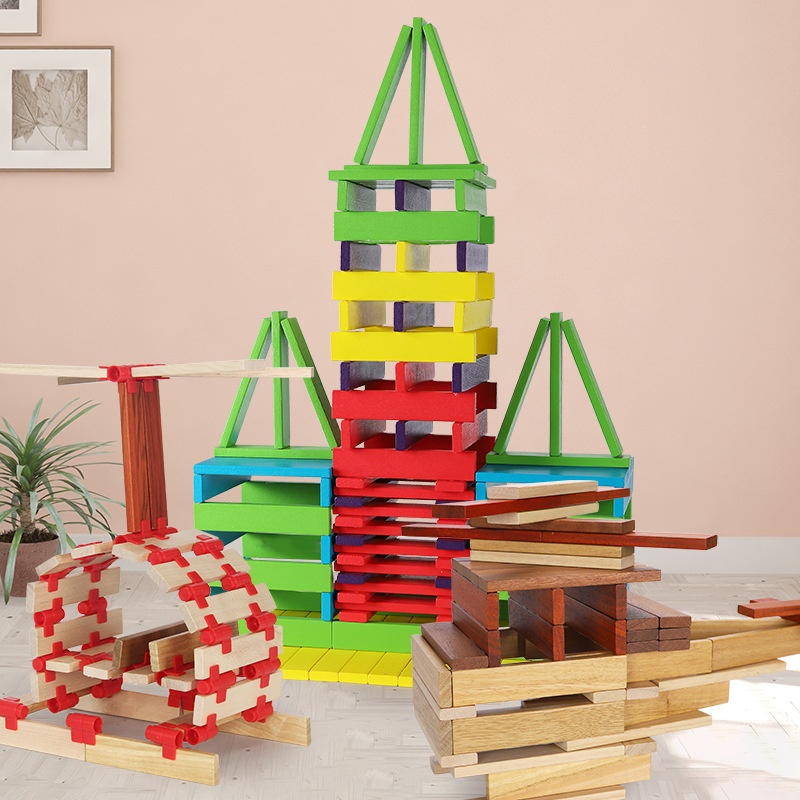 Children's Wooden 100 Blocks Educational Toy Set for 5-7 Years Old-Eco-friendly Material Animals Nature Theme Stack High Play
