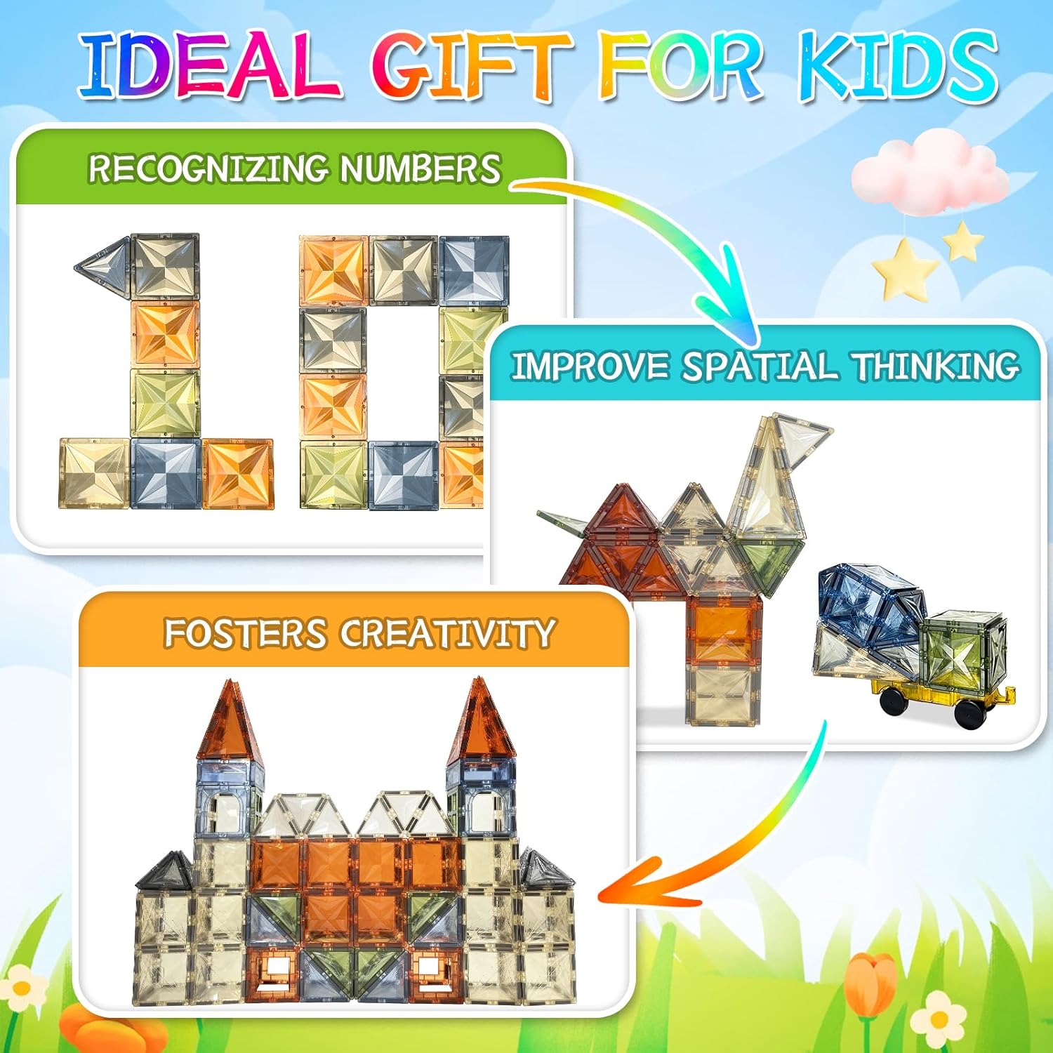 Magnetic Tiles Set for Kids STEM Magnet Building 3D Plastic Blocks Preschool Educational Learning Toys Brown Color
