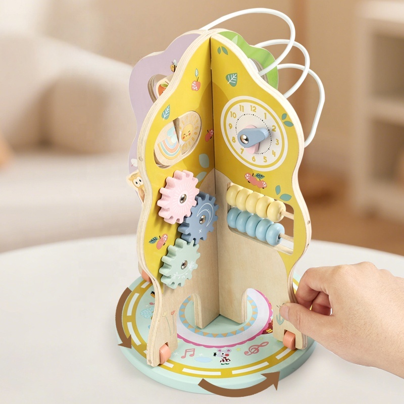 Wooden Activity Tree Toys For Toddlers, Montessori Educational Activity Center With Bead Maze, Gears, Clock, And Sliding Mazes