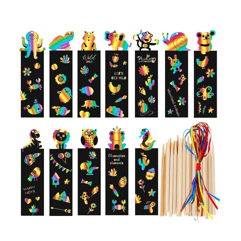 Custom DIY Rainbow Scratch Art Paper Cards Die-cut Animals With Tools Sets For Children