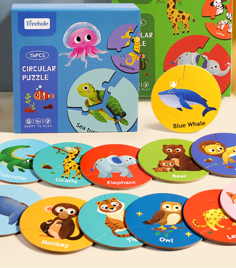 Children Educational Wooden Puzzle Toy Forest Marine Animal Circular Game