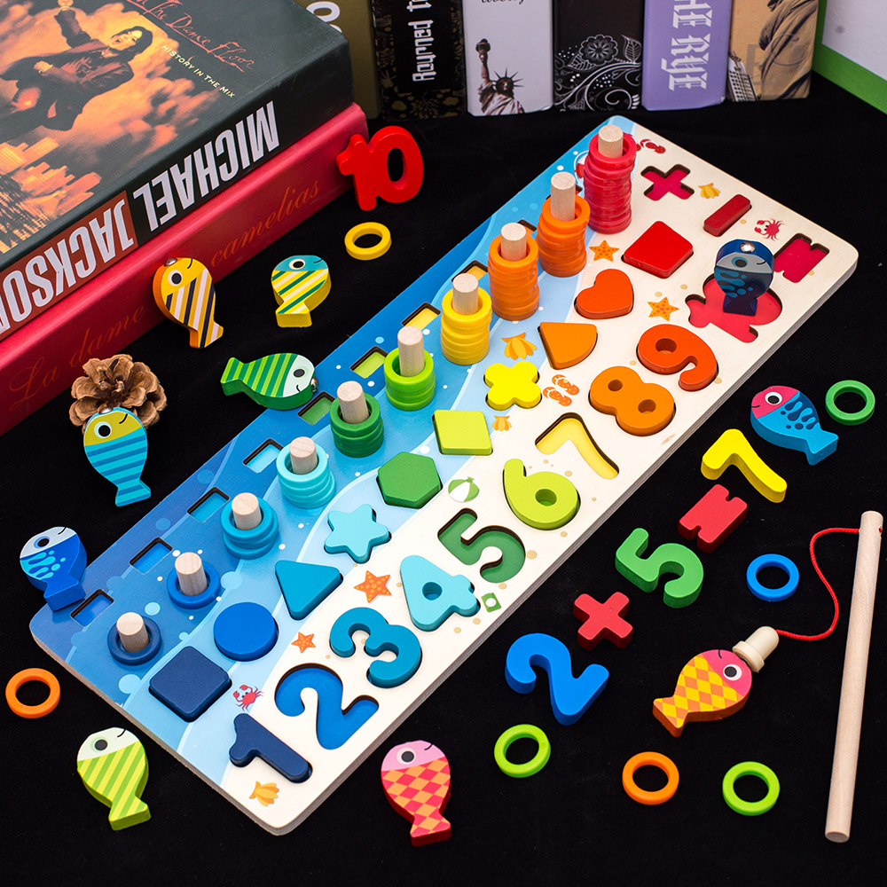 Hot Wooden Multifunctional Fishing Log Board 4 Styles Wooden Shapes Matching Montessori Educational Toys for Kids Boys Girls
