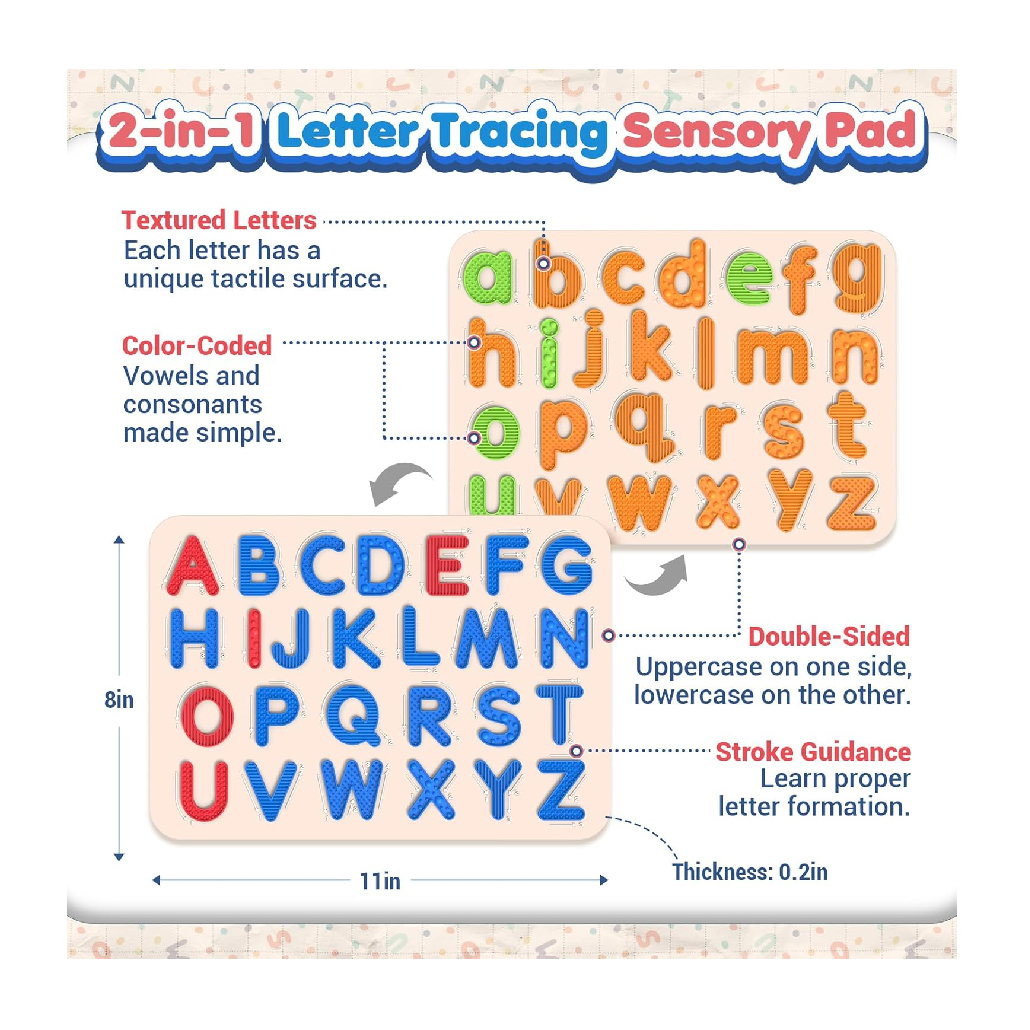 Silicone Letter Tracing Pad Double-Sided Textured Sensory Toys Learning Focus Preschool Learning Activities for Toddlers Kids