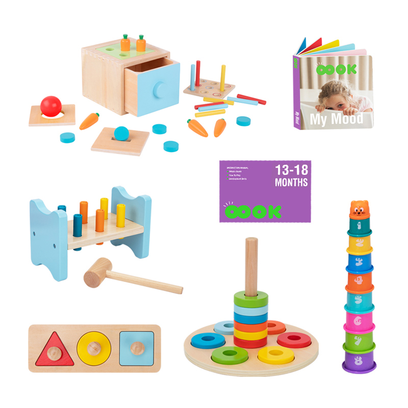 Wooden Montessori 13-18 Months Educational Box Toy Set Shape Puzzle Stacking Toy Building Blocks Tower Pound Bench Toy Box