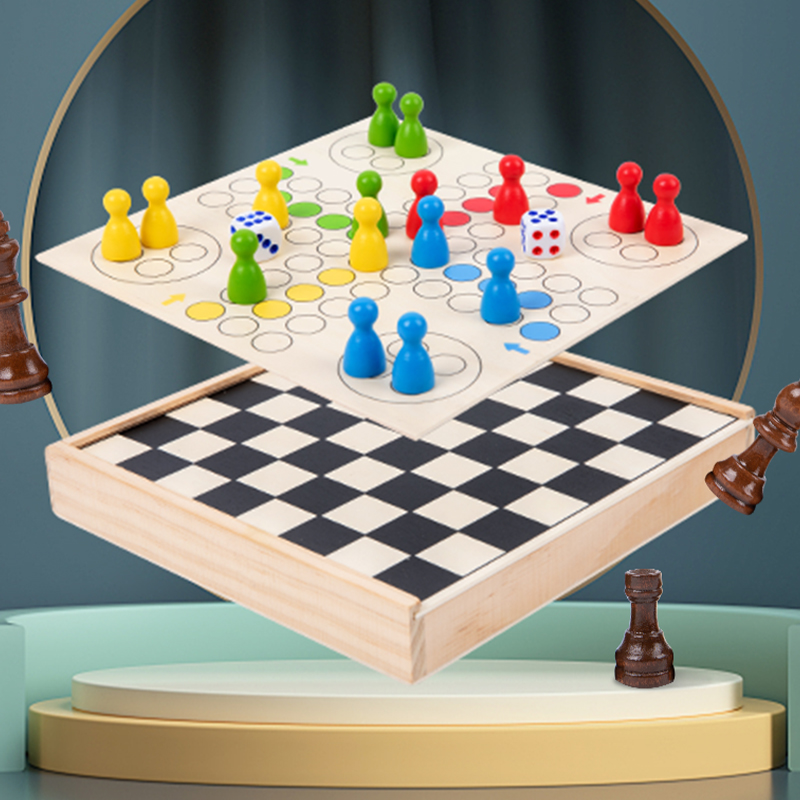 Montessori Multi-Function 2-in-1 Wood Puzzle Chess Family Interactive Board Games Educational Toys For Kids Boys Girls Gifts