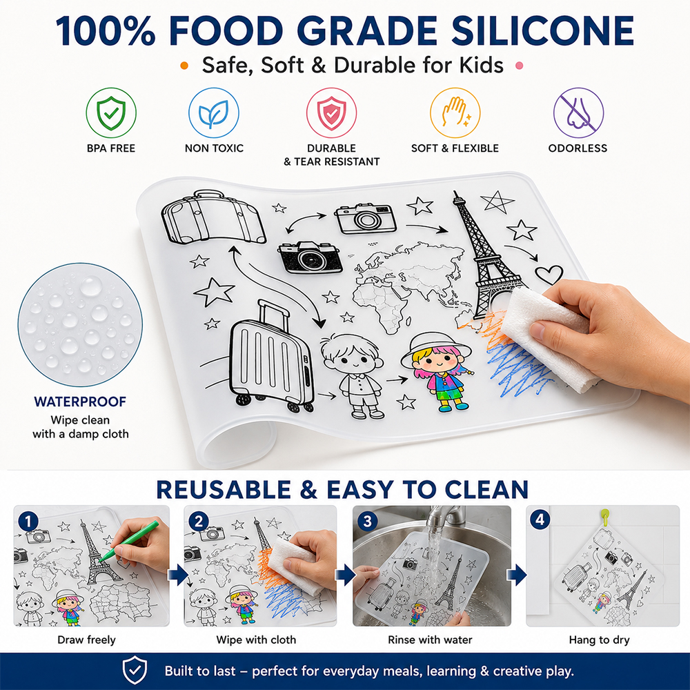 LFGB Certified Eco-Friendly BPA-Free Custom Silicone Baby Drawing Mark Mat Kid Coloring Painting Placemat