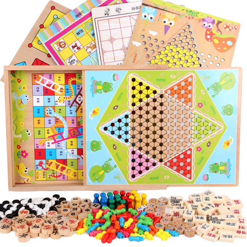 Factory Direct Sale Wooden Children's Toys Ages 4-6 Educational Checkers Flying Chess Xjy Chess Flag Color Box Game Board Yunhe